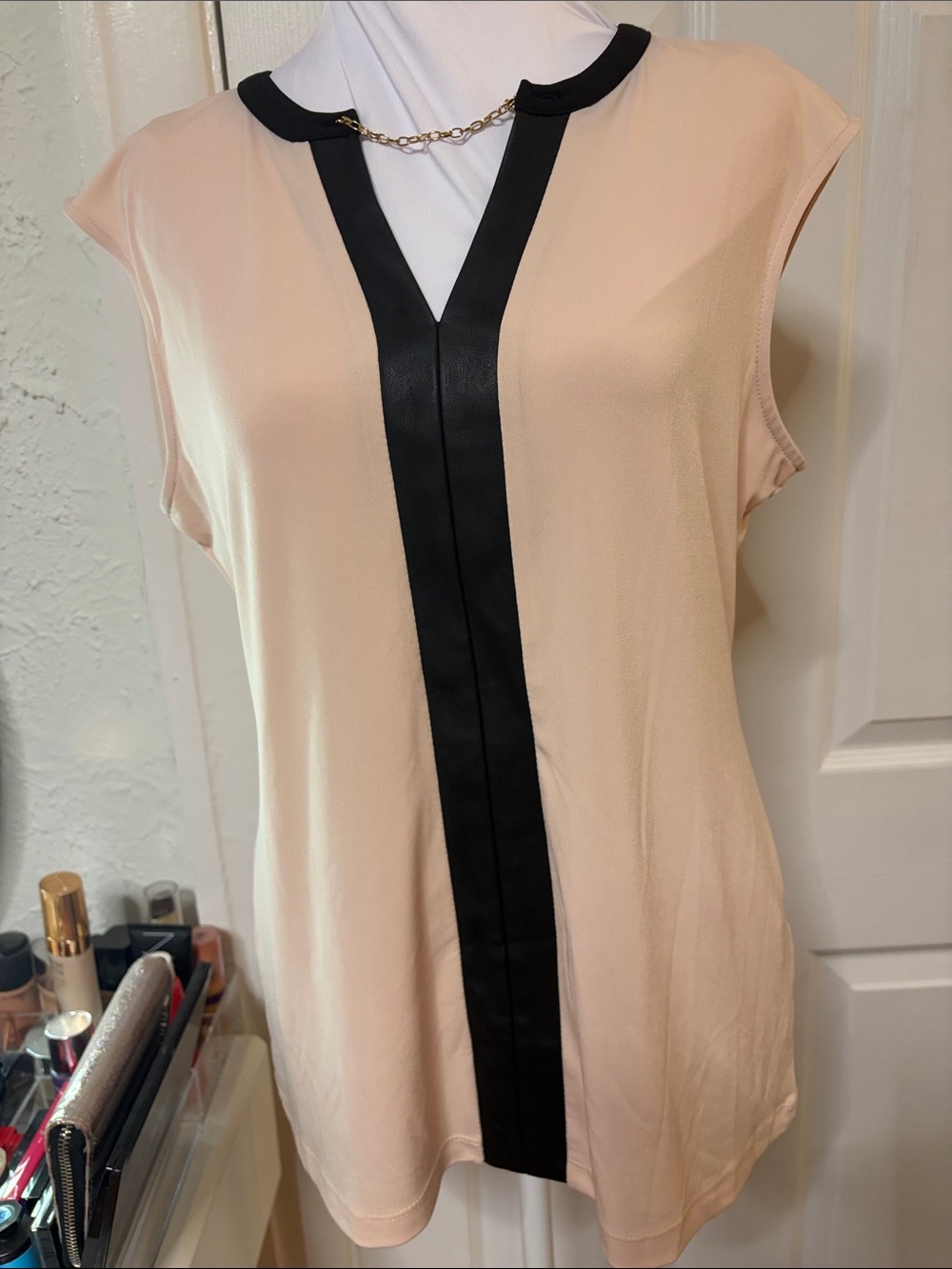 Calvin Klein Beige Cap-Sleeve Tunic with Black Center Stripe